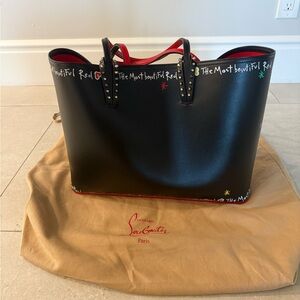 Christian Louboutin Black Leather Tote with Red Interior and White Script